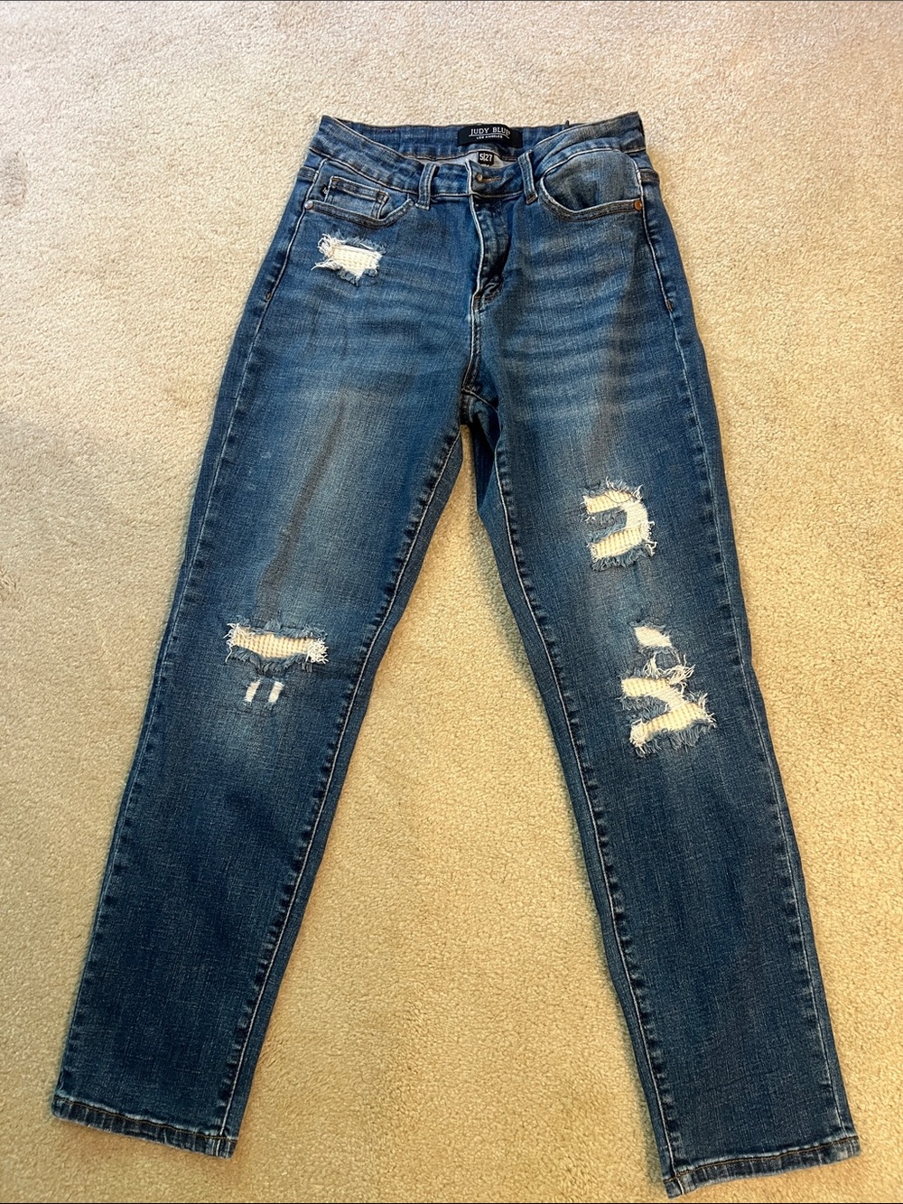 Judy Blue Distressed Boyfriend Jeans - Dark Blue Indigo